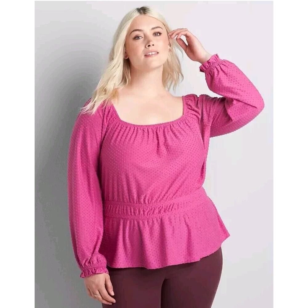 Lane Bryant Womens Plus 18/20 Square Neck Elastic Dot Peplum Long Sleeve Blouse
